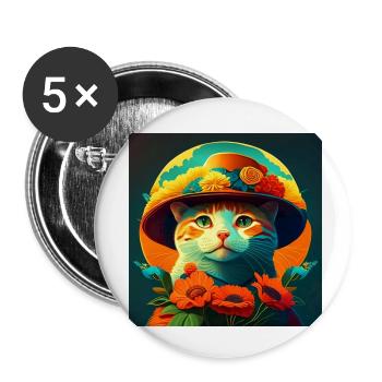 Katze mit Hut und Blumen Design - Buttons klein 25 mm (5er Pack) - Weiß - Vorne