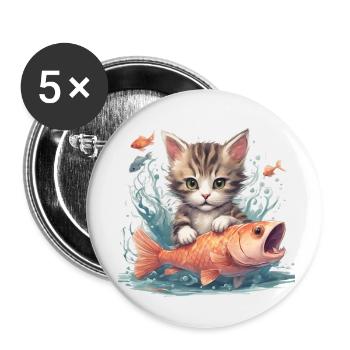 Baby Katze mit Fisch - Buttons klein 25 mm (5er Pack) - Weiß - Vorne