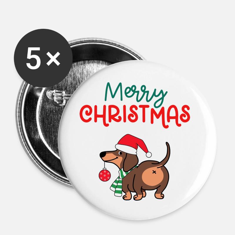 Joyeux Noël, teckel - Lot de 5 petits badges (25 mm) - blanc