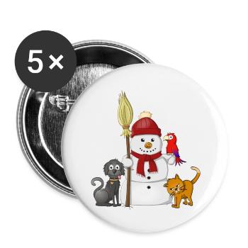 Bonhomme de neige avec écharpe rouge, chien, chat et perroquet - Lot de 5 petits badges (25 mm) - blanc - Devant