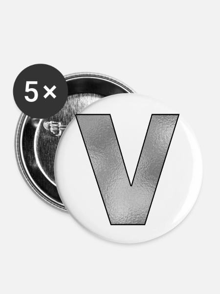 Buchstabe V Silber - Buttons klein 25 mm (5er Pack) - Weiß