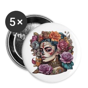 Mexican Woman Sugar Skull Style Floral Hair - Buttons small 1''/25 mm (5-pack) - white - Front