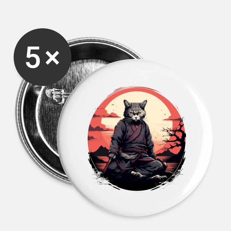 Chat samouraï - Lot de 5 petits badges (25 mm) - blanc