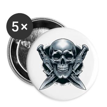 Twin Blades: Schädel zwischen Dolchen - Buttons klein 25 mm (5er Pack) - Weiß - Vorne
