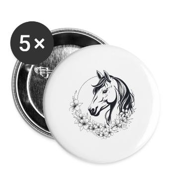 Line Art Pferd mit Blumenranke - Buttons klein 25 mm (5er Pack) - Weiß - Vorne