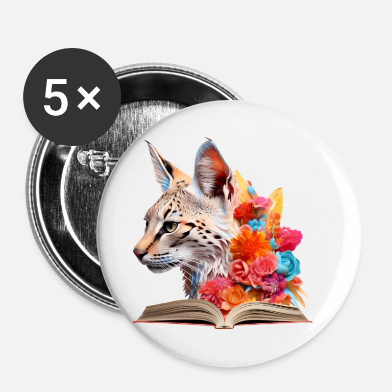 Serval-Katze Lesen Buch - Buttons klein 25 mm (5er Pack) - Weiß