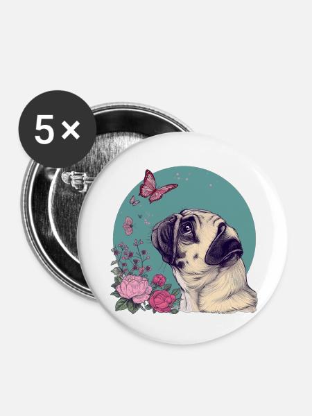 Mops und Schmetterling - Buttons klein 25 mm (5er Pack) - Weiß