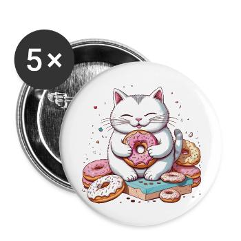 Cat Eating Donuts, Foodie Cat Humor - Buttons small 1''/25 mm (5-pack) - white - Front