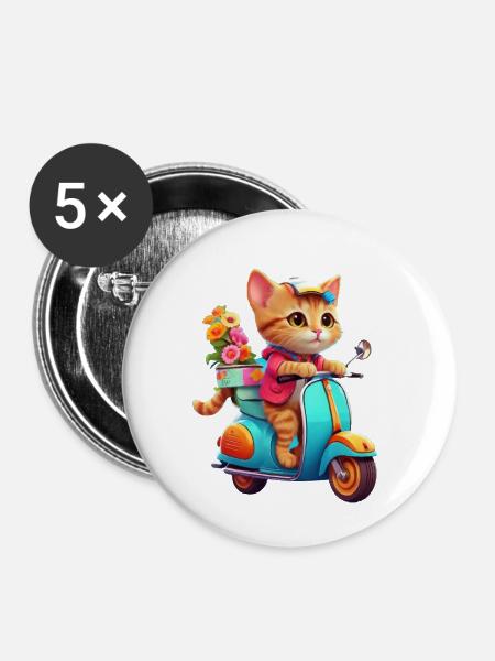 Katze fährt Roller - Buttons klein 25 mm (5er Pack) - Weiß