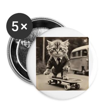 Chat / Animal / Photo / Sépia / Rétro / Skateboard - Lot de 5 petits badges (25 mm) - blanc - Devant