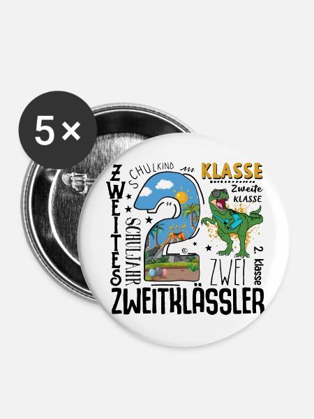 2. Klasse Dino T-Rex - Buttons klein 25 mm (5er Pack) - Weiß