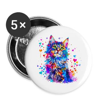 Cute Cat with Hearts - Buttons small 1''/25 mm (5-pack) - white - Front