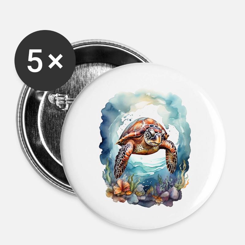 Tortue de mer sous l’eau - Lot de 5 petits badges (25 mm) - blanc