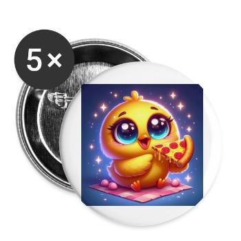 Poussin mignon avec de grands yeux mangeant de la pizza - Lot de 5 petits badges (25 mm) - blanc - Devant