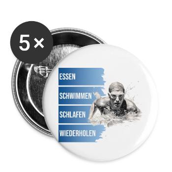Essen - Schwimmen - Schlafen - Wiederholen - Buttons klein 25 mm (5er Pack) - Weiß - Vorne