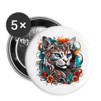 Tatouage / Animal / Art / Cool / Bande dessinée / Chat - Lot de 5 petits badges (25 mm) - blanc - Devant