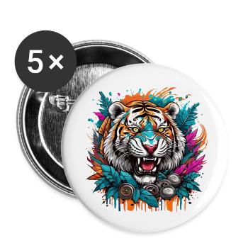Tatouage / Animal / Art / Cool / Bande dessinée / Tigre - Lot de 5 petits badges (25 mm) - blanc - Devant