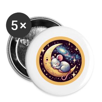souris endormie paisiblement, sur un croissant de lune - Lot de 5 petits badges (25 mm) - blanc - Devant