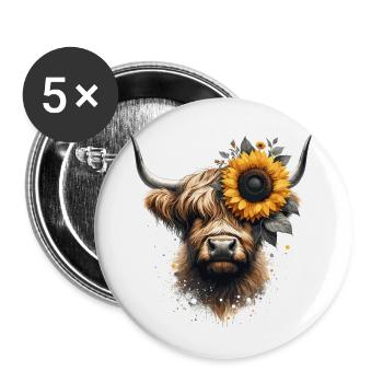 Hochlandrind mit Sonnenblume - Berührung der Natur - Buttons klein 25 mm (5er Pack) - Weiß - Vorne