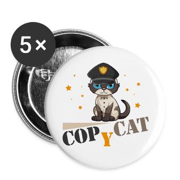 Jeu de mots flic y chat policier et chat imitateur de chat - Lot de 5 petits badges (25 mm) - blanc - Devant