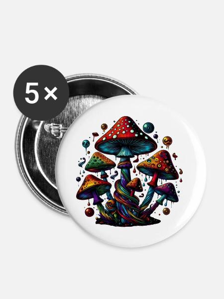 Psychedelic Mushroom Magic - Buttons klein 25 mm (5er Pack) - Weiß