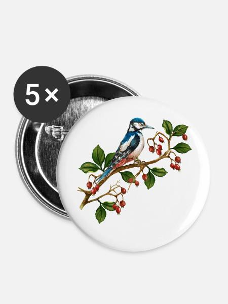 Bunter Vogel - Buttons klein 25 mm (5er Pack) - Weiß