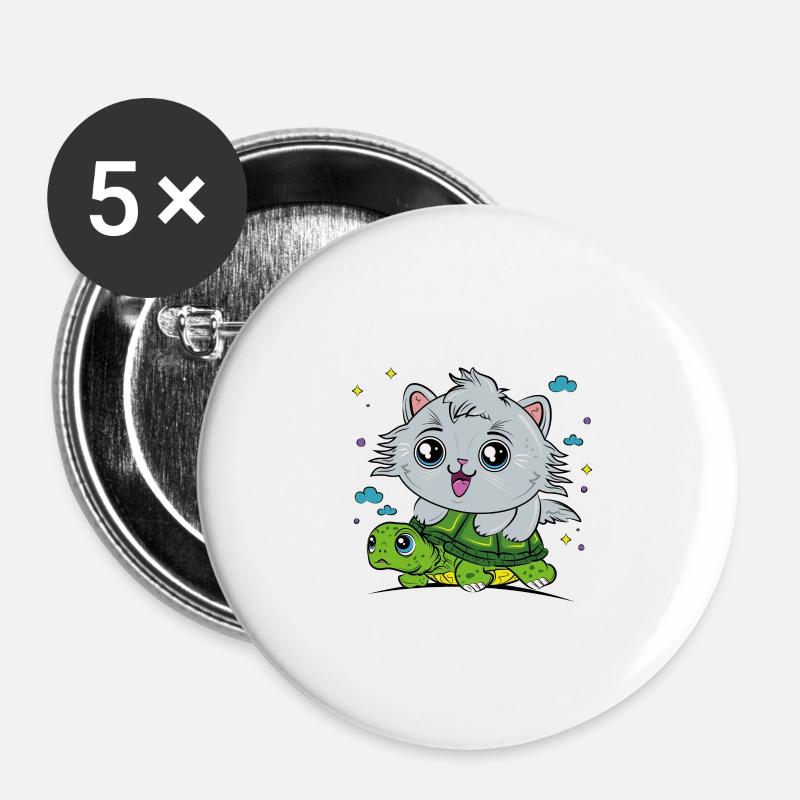 Katze auf Schildkröte - Buttons klein 25 mm (5er Pack) - Weiß