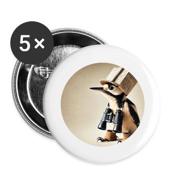 Pic épeiche avec chapeau de journal et jumelles - Lot de 5 petits badges (25 mm) - blanc - Devant