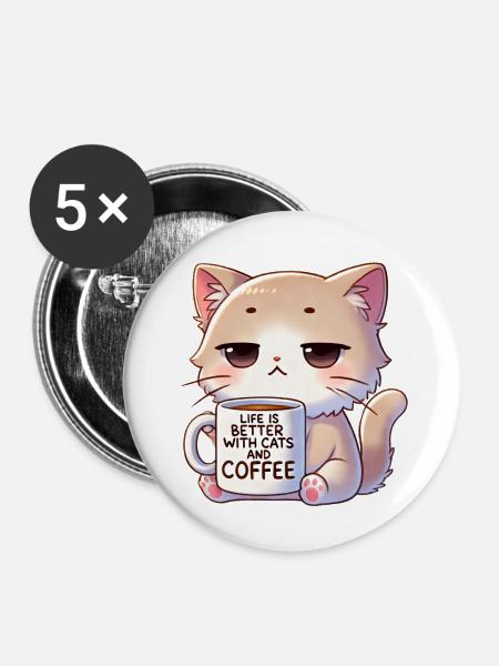 Katze Mit Kaffe - Buttons klein 25 mm (5er Pack) - Weiß