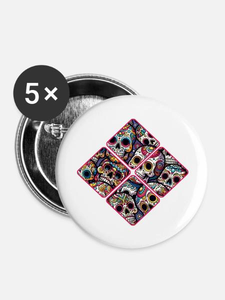 Buntes dekoratives Skullmuster - Buttons klein 25 mm (5er Pack) - Weiß