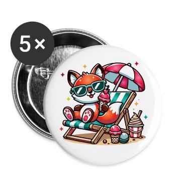 Renard de dessin animé joyeux sur la plage sur une chaise longue - Lot de 5 petits badges (25 mm) - blanc - Devant