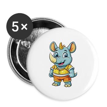 Rhino Cute Cartoon Character Kawaii Clipart - Buttons small 1''/25 mm (5-pack) - white - Front