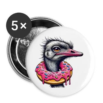 drôle de festin pour les yeux - Oiseau autruche avec beignet - Lot de 5 petits badges (25 mm) - blanc - Devant