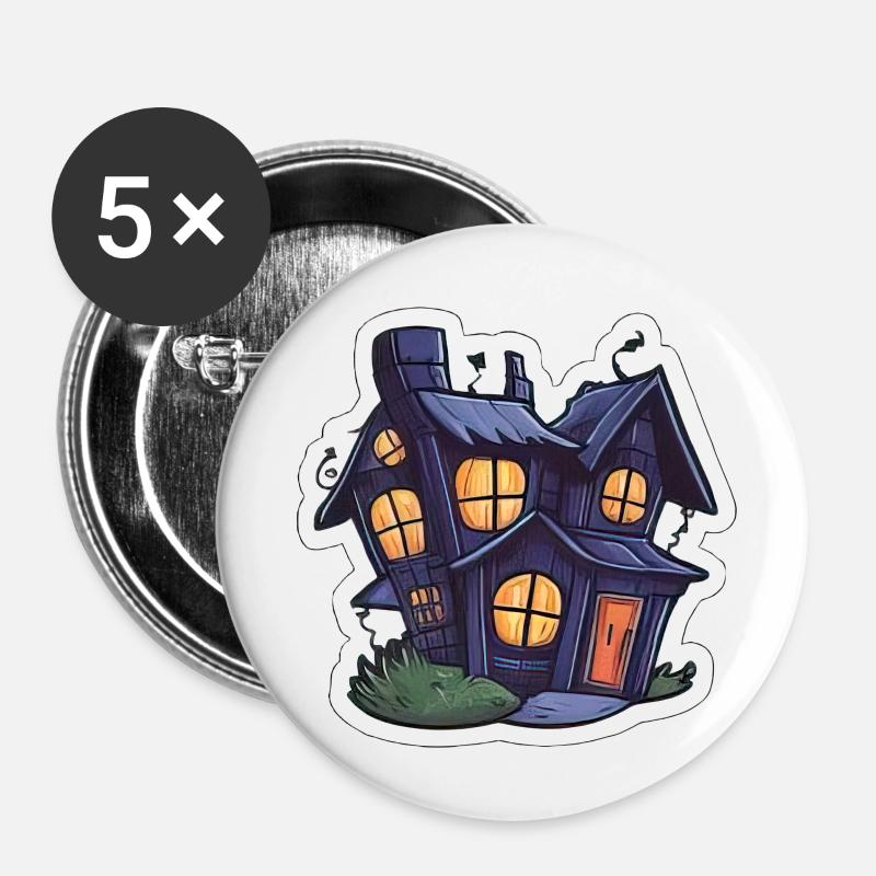 Mignon Autocollant Maison Hantée - Lot de 5 petits badges (25 mm) - blanc