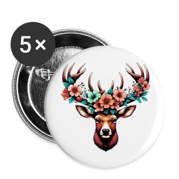 Deer with Flowers - Buttons small 1''/25 mm (5-pack) - white - Front