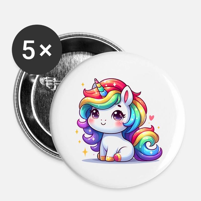 Regenbogen-Einhorn - Buttons klein 25 mm (5er Pack) - Weiß