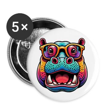Hippopotamus with Glasses - Buttons small 1''/25 mm (5-pack) - white - Front