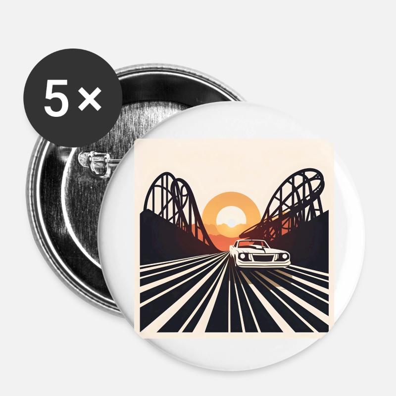 Retro Car + Roller Coaster in Sunset - Buttons small 1''/25 mm (5-pack) - white