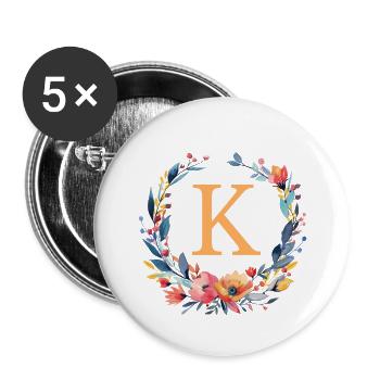 K Monogram, Couronne de fleurs, Personnalisable - Lot de 5 petits badges (25 mm) - blanc - Devant