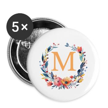 M Monogram, Couronne de fleurs, Personnalisable - Lot de 5 petits badges (25 mm) - blanc - Devant