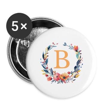 B Monogram, Couronne de fleurs, Personnalisable - Lot de 5 petits badges (25 mm) - blanc - Devant