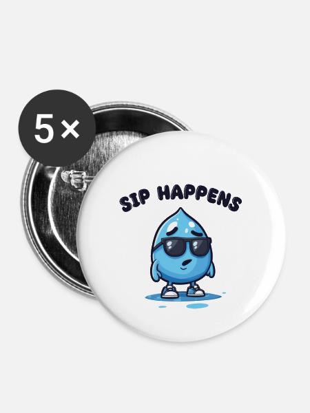 sip happens - Wassertropfen Comicfigur - Buttons klein 25 mm (5er Pack) - Weiß