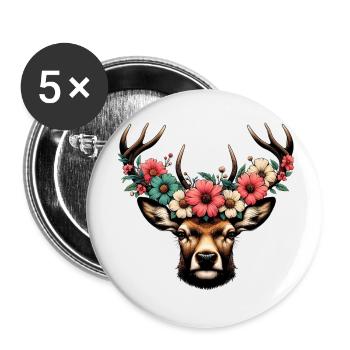 Deer with Flowers - Buttons small 1''/25 mm (5-pack) - white - Front