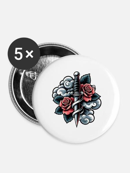 Rose und Dolch - Buttons klein 25 mm (5er Pack) - Weiß