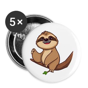 Fröhliches Cartoon-Faultier auf Ast mit grünen Blättern - Buttons klein 25 mm (5er Pack) - Weiß - Vorne