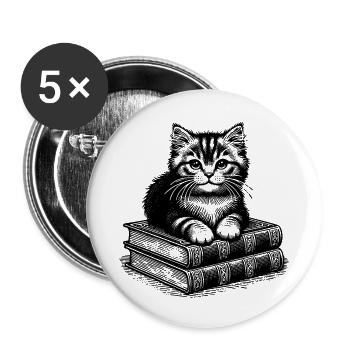 Katze auf Bücherstapel - Buttons klein 25 mm (5er Pack) - Weiß - Vorne