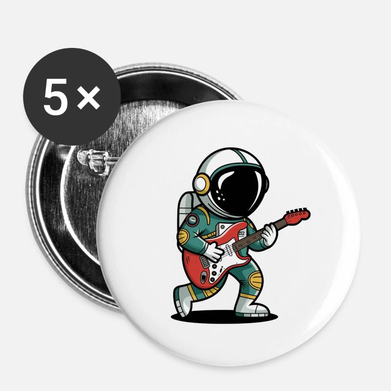Spaceman dessin animé guitare drôle rock - Lot de 5 petits badges (25 mm) - blanc