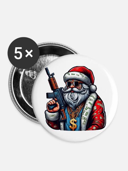 Weihnachtsmann mit AK 47 - Buttons klein 25 mm (5er Pack) - Weiß