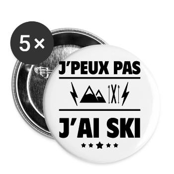 J'peux pas j'ai ski, skieur, skieuse, cadeau noël - Lot de 5 petits badges (25 mm) - blanc - Devant