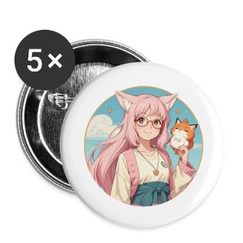 Fox Girl : Charme au Style Anime avec un renard - Lot de 5 petits badges (25 mm) - blanc - Devant